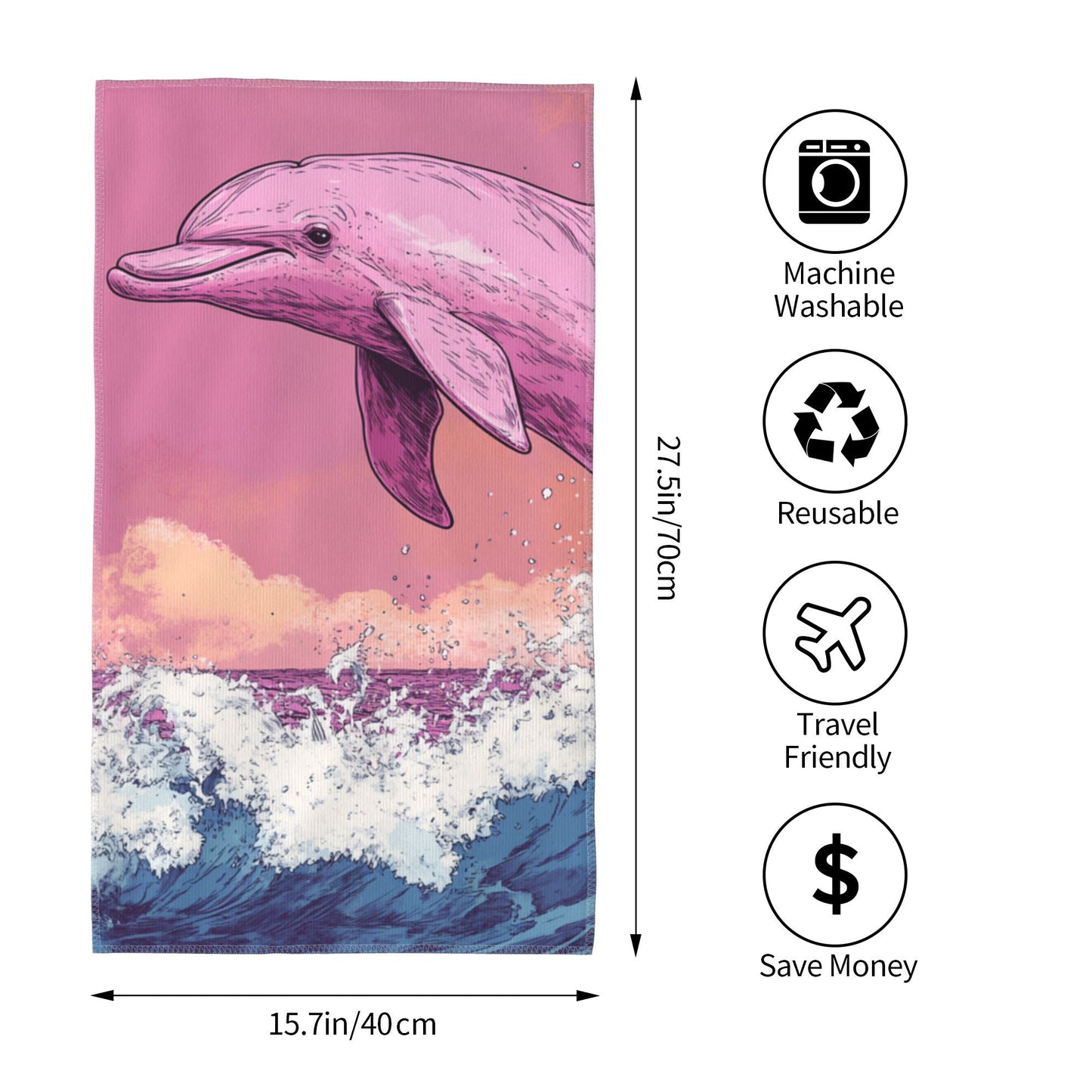 Pink Dolphin Design Soft Absorbent Towel - 27.5x15.7 Inches, Eco-Friendly and Portable