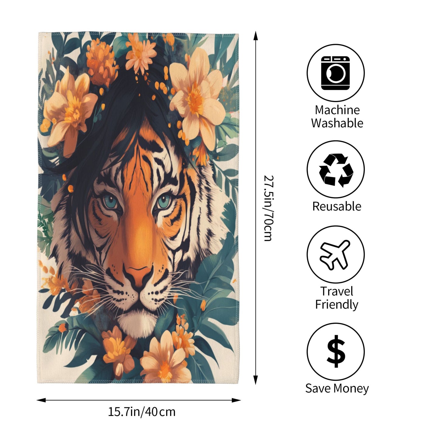 Tropical Floral Tiger Pattern Towel - 27.5x15.7 Inches, Lightweight & Durable, Machine Washable